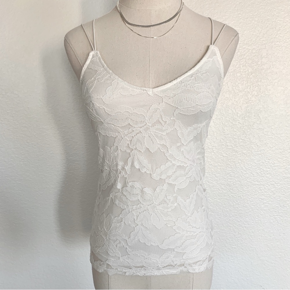 ☁️ EXPRESS White Lace Double Strap Criss Cross Cami Tank Top